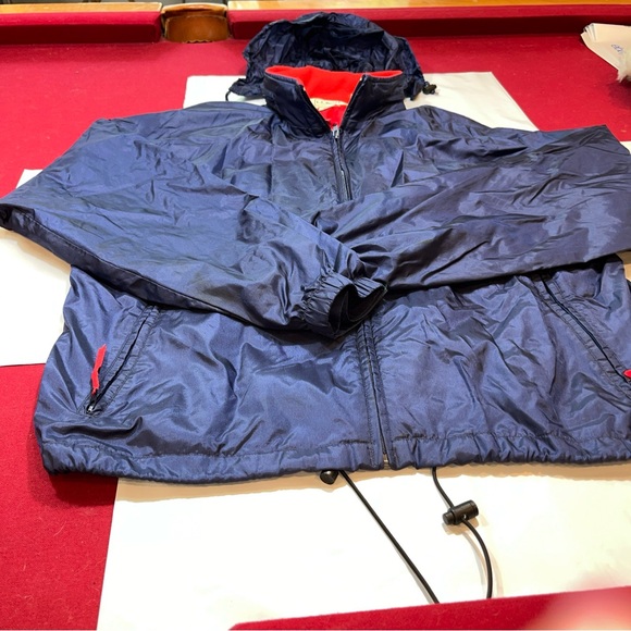LL Bean BLUE NYLON red Rain Wind Jacket Full Zip COAT Hood vented Windbreaker Lg - Picture 15 of 16